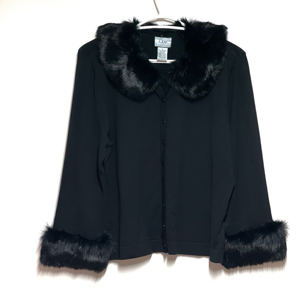 NWT ITW by Claude Brown Black Silk Sweater Jacket with fur collar & cuffs Sz L